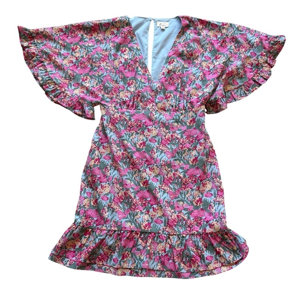 Lena Mini Dress Women’s S Blue Pink Floral Ruffle Flutter Sleeve Spring V-Neck